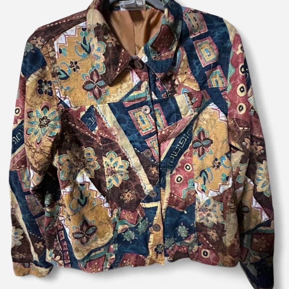 Large linen blend vintage early 90s short abstract patchwork style jacket